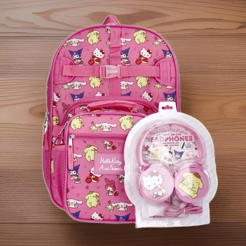Hello Kitty Friends Sanrio Backpack Lunch Bag Headphones 3 Piece School Set New